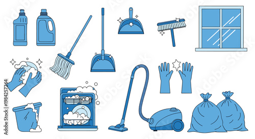 Comprehensive collection of household cleaning tools and supplies including detergents mops gloves vacuum cleaner and trash bags.