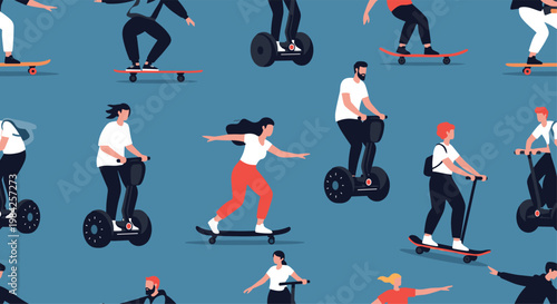 Seamless pattern of modern urban dwellers enjoying personal electric mobility devices like scooters skateboards and segways.