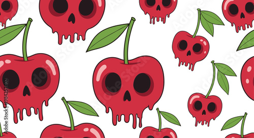 Spooky seamless pattern featuring cartoon cherries with skull faces dripping red liquid on a white background.