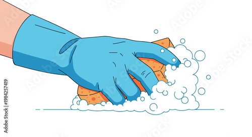 Gloved hand vigorously scrubbing a surface with a sponge generating abundant soap bubbles during cleaning.
