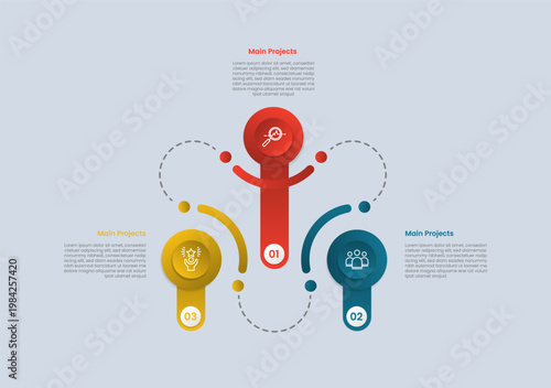 Triangle base shape infographic with glossy gradient style with big circle top with round rectangle on dotted line triangle circular cycle with three segment information