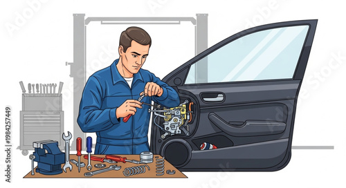 Mechanic working on car door interior repair and maintenance.
