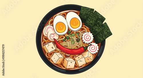 Delicious bowl of ramen noodles adorned with a joyful smiley face made from boiled eggs chili and tofu.