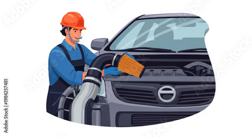 Mechanic working on car engine air intake system.