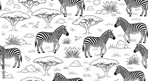Seamless African Savanna Pattern with Zebras, Acacia Trees, Rocks, Butterfly, and Sun in Black and White Line Art