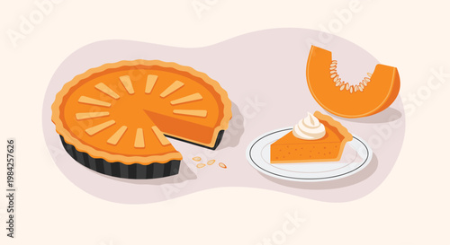 Delicious autumn dessert featuring a whole pumpkin pie with a slice taken out and a separate slice with whipped cream.