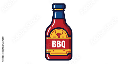 Stylish illustration of a classic bottle of barbecue BBQ sauce featuring a distinctive bull logo on the label.