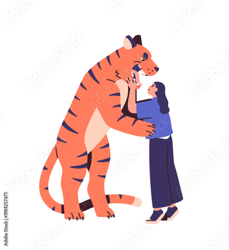 Unhealthy relationship, abuse, assault and harassment, psychology concept. Toxic love couple. Aggressive angry bad predator, tiger and woman. Flat vector illustration isolated on white background