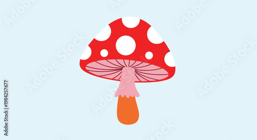 Whimsical illustration of a single red and white polka dotted mushroom also known as fly agaric on a light blue background.