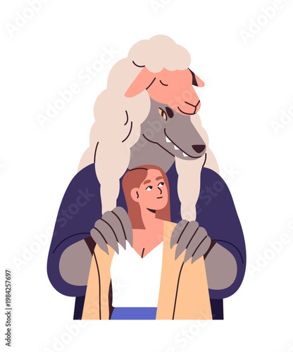 Fake relationship. Cheater pretending, disguise in sheep, hiding and concealing wolf. Cheat, deception, false, love couple. Psychology concept. Flat vector illustration isolated on white background