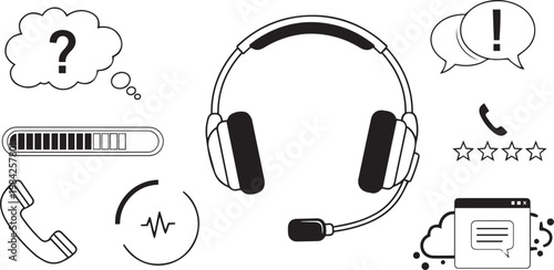Black and white customer service including headset phone and chat symbols support