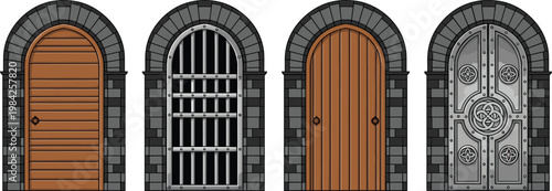 Medieval Door Vector Set Featuring Wooden, Iron, and Dungeon Doors with Different Designs for Fantasy, Architecture, and Game Design