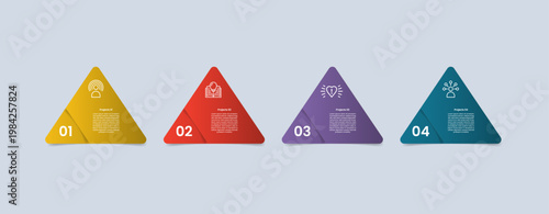 Triangle base shape infographic with glossy gradient style with simple shape with footer badge on left bottom with four segment information