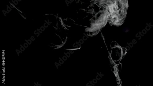 Delicate white smoke curls and swirls against a deep black background, forming fluid, abstract shapes with soft gradients and fine details. High contrast composition with ample copy space