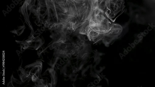 Delicate white smoke curls and swirls against a deep black background, forming fluid, abstract shapes with soft gradients and fine details. High contrast composition with ample copy space