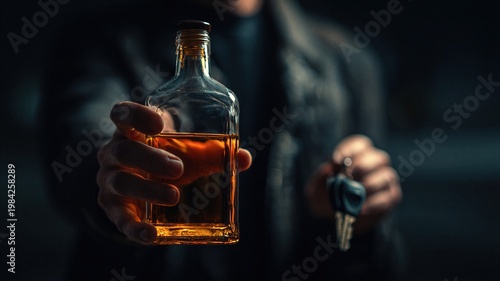 Man holding bottle of alcohol and car key. Drunk driver concept. Risk of driving under influence causing crash and fatal accident. Traffic safety and law enforcement awareness campaign.