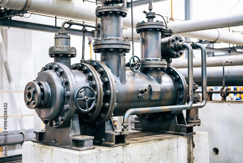 Obraz premium Industrial piping and valves in a factory setting. It appears to be part of a complex fluid control system.
