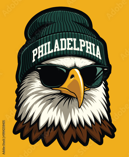 Eagle wearing a beanie and sunglasses with the word Philadelphia on it.