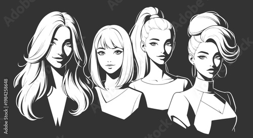 Monochrome group portrait of fashionable young women in minimalist vector style, design for fashion magazine headers, streetwear branding, and lifestyle blog banners. Vector. Transparent SVG version.