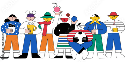 Diverse group of young people standing holding various items and drinks with lifestyle community illustration colorful activities togetherness friendship students interaction gathering