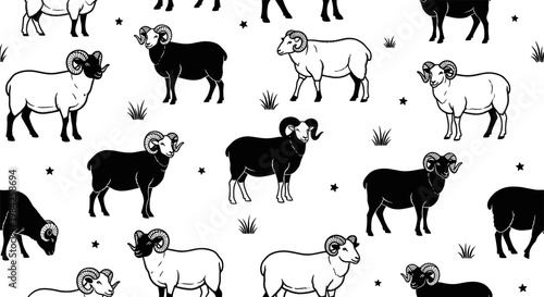 Seamless Ram and Sheep Pattern with Multiple Poses in Black and White Silhouette and Outline Style for Textile Designs