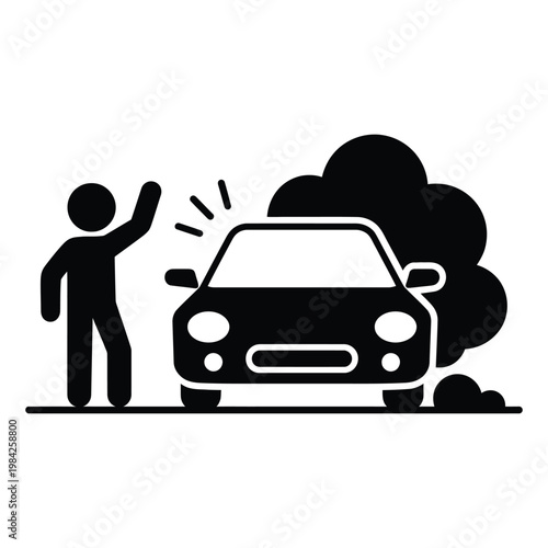 Car breakdown with smoke and driver waving for roadside assistance vector icon.