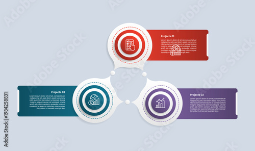 Triangle base shape infographic with glossy gradient style with liquid circle with small circle connection on circular cycle with three segment information