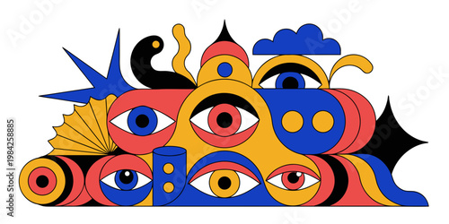 Abstract composition with multiple eyes and organic geometric shapes in modern flat vector style abstract geometric colorful symbolic creative contemporary minimalist illustration elements