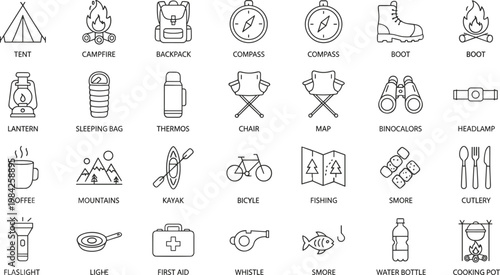 Collection of 58 minimalist line icons depicting travel, sports, food, and daily activities. Ideal for apps, websites, infographics, and educational materials.