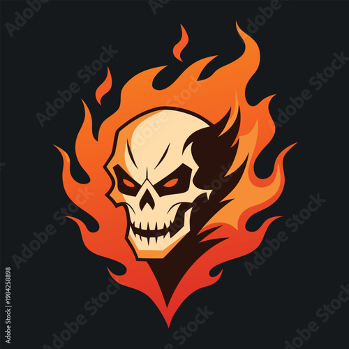 A flaming skull with glowing red eyes emerges from a dark background, surrounded by vibrant orange flames, symbolizing intensity and danger.
