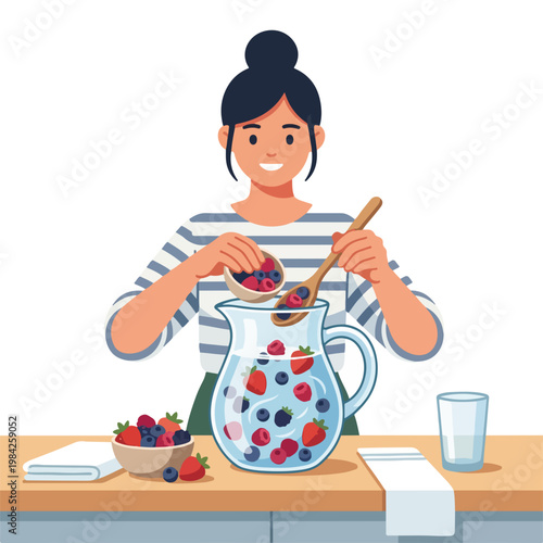 Woman making infused water with berries. Healthy lifestyle and hydration concept. Flat design vector illustration