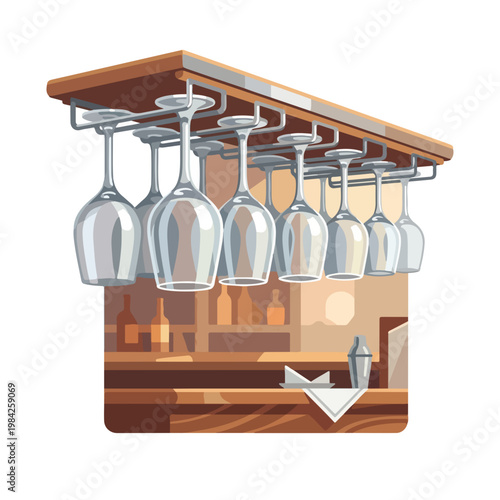 Wine glasses hanging upside down above the bar. Restaurant and hospitality interior. Flat design vector illustration
