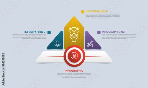 Triangle base shape infographic with glossy gradient style with separated layer part with circle badge on bottom and top direction with three segment information