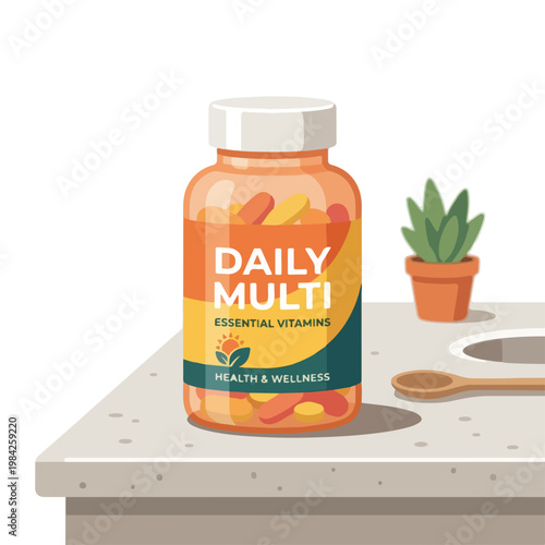 Bottle of daily multivitamins on a kitchen counter. Health and wellness supplement concept. Flat design vector illustration