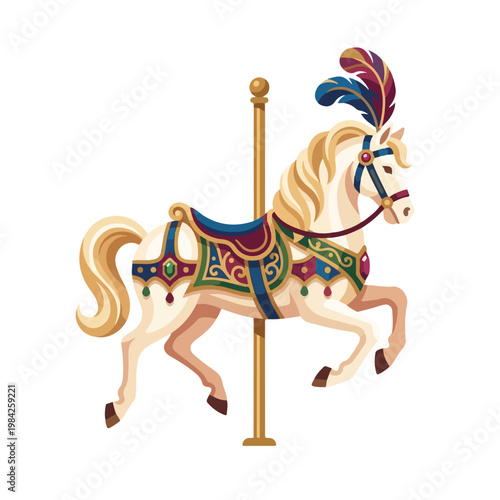 Carousel horse with feather plume and ornate saddle. Traditional fairground ride. Flat design vector illustration isolated on white background