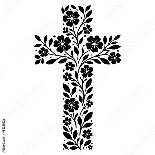 Christian Cross Composed Of Beautiful Flowers And Leaves, Religious Floral Symbol Of Faith For Easter And Memorial Decoration Graphics