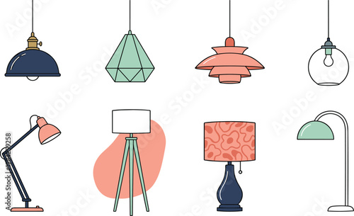 Modern lighting fixtures set illustration with pendant lamps table lamps and floor lamps, home interior decor and illumination design collection