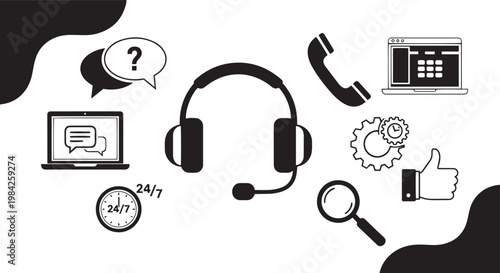 Black and white customer service including headset phone computer support