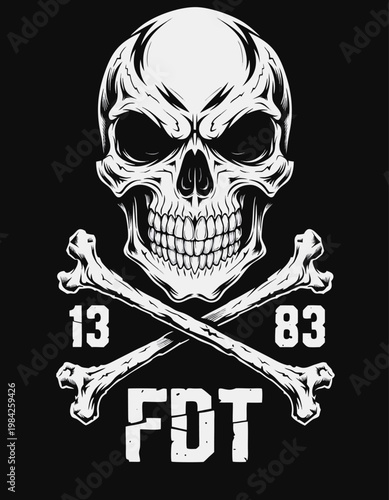 Skull and crossbones graphic features a detailed human cranium with numerical and alphabetical text on a black background.