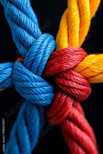 A close up of a colorful rope knot on a black background