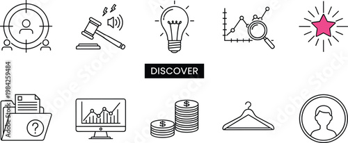 Minimal Line Icon Set Featuring Business, Legal, Idea, Analytics, Star, Folder, Chart, Coins, Hanger, and Profile Symbols for Office, Finance, Management, and Digital Designs