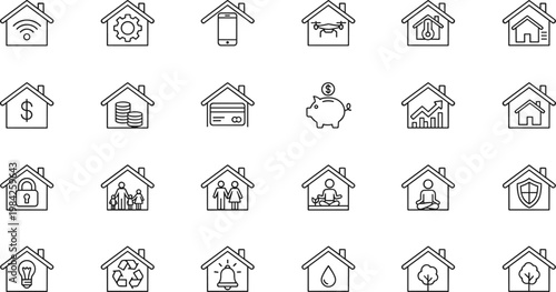 Flat design vector icons illustrating housing, utilities, smart technology, and financial concepts for real estate, business, and home improvement projects.