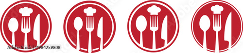 Red circle restaurant logo set with spoon fork knife and chef hat silhouettes for catering and dining establishments.