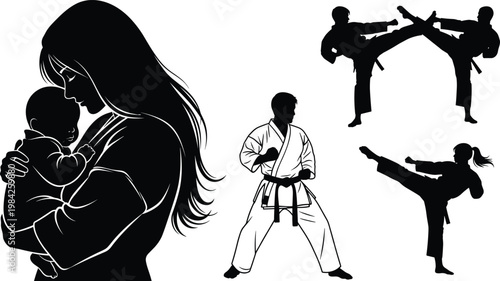 Mother Holding Baby and Karate Martial Arts Silhouette Vector Set with Family, Parenting, Self-Defense, Sports, and Action Pose Illustrations for Digital and Educational Projects