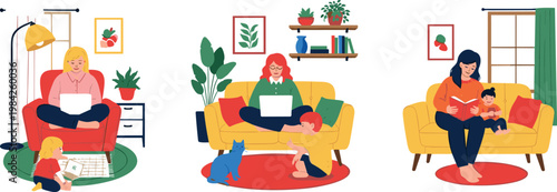 Family activities at home set with parents and children reading working and spending time together in cozy living room interiors