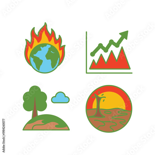 Climate change and global warming vector icons set featuring Earth fire and drought.