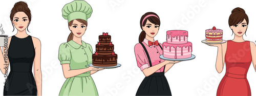 Elegant women holding cakes and coffee in different styles including baker and waitress characters isolated vector illustration set