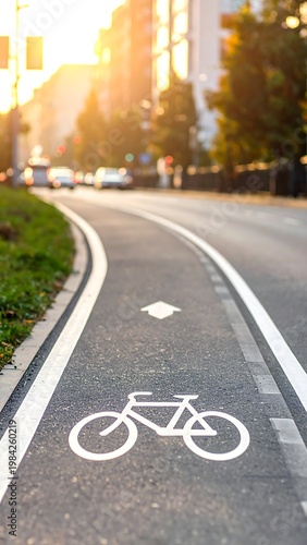 City bike lane curves forward, marked with bicycle symbol. Sun shines on buildings in background