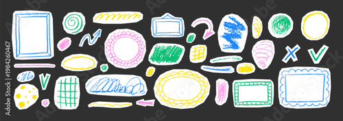 Colorful crayon sketches and pastel heart doodles form a whimsical collection of hand-drawn elements ideal for children's art projects. Vector illustration.