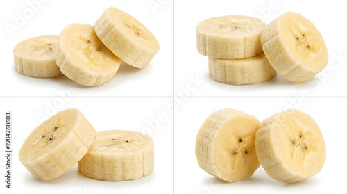 A collage of sliced bananas on a white background
